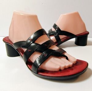 Cole Hann Women's Leather Slip-On Toe Round Block Heel Slide Sandals Black 9